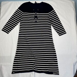 Talbots Sz PM Dress Midi Striped Nautical Lace-Up Navy White‎ 3/4 Sleeve Beach